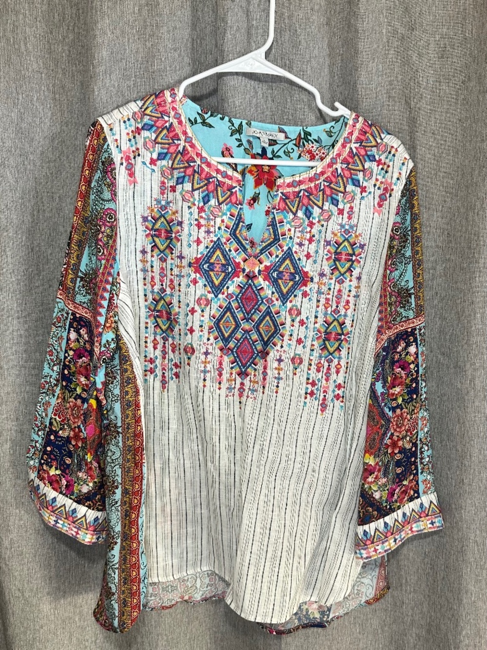 John Mark Boho Embroidered Mixed Print Tunic Blouse Top Size Large